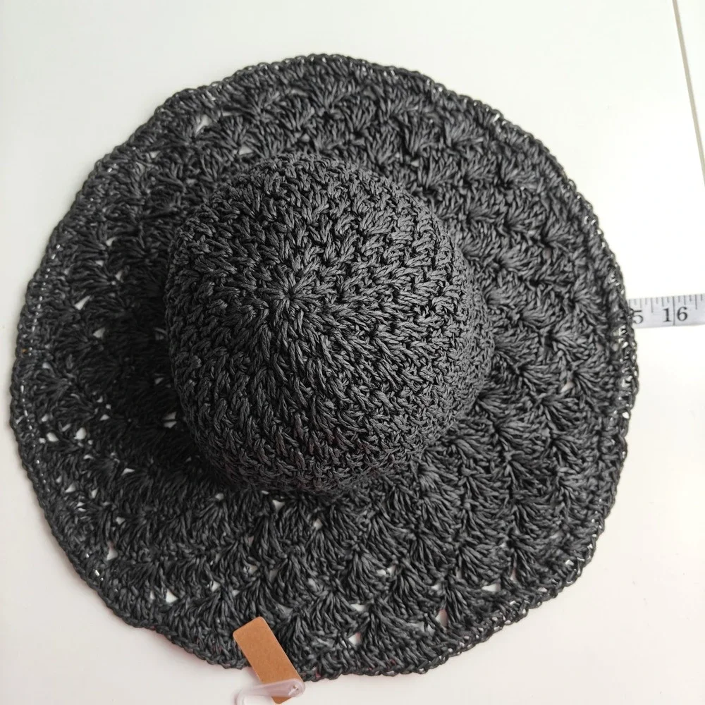 NEW Black Woven Paper Straw Sun Hat Wide Wire Brim Summer Beach Floppy‎ Hat